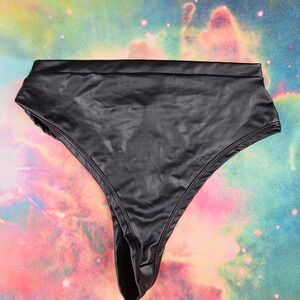 iHeartRaves Black Faux Leather High Waisted Thong Bottoms Size S